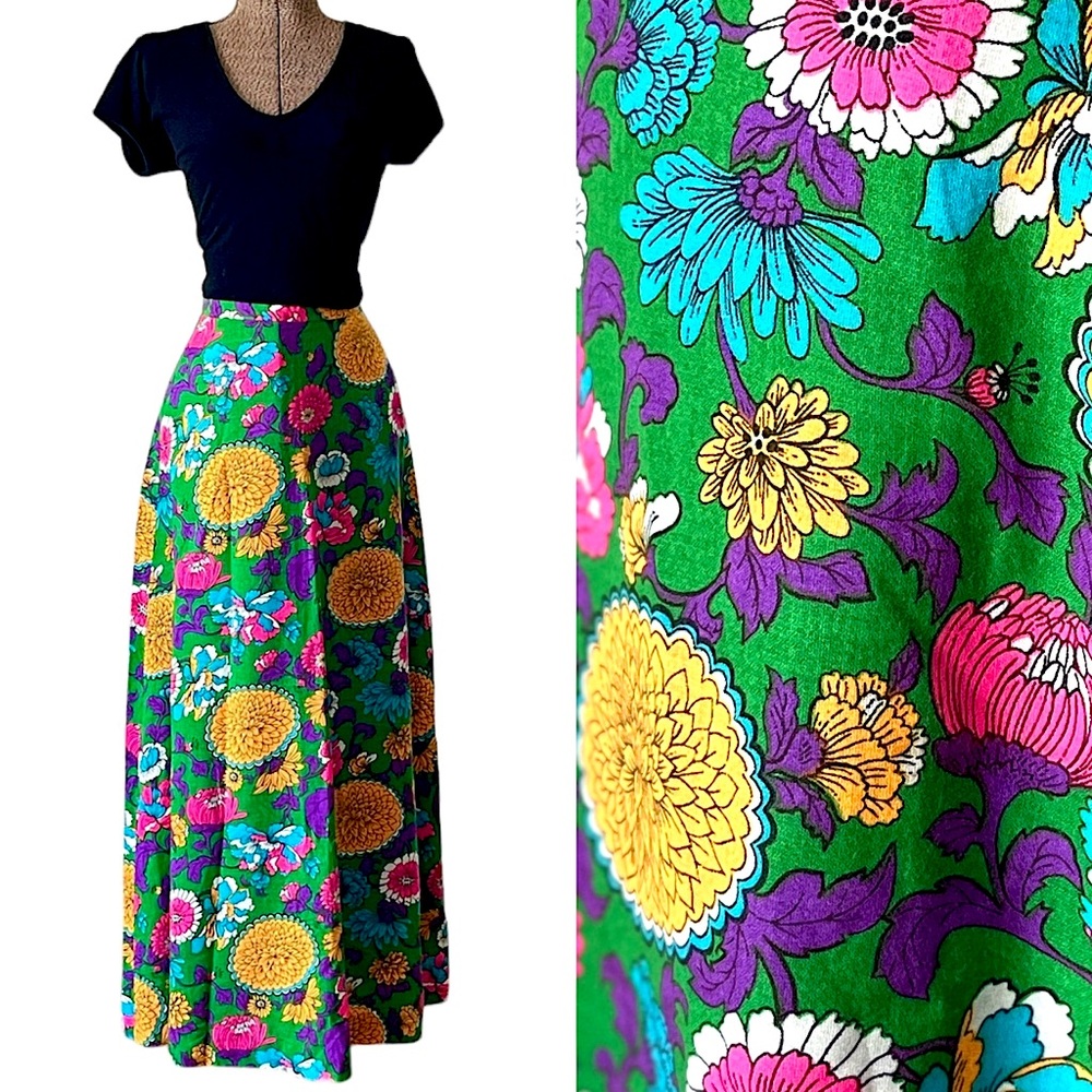 Vintage Maxi Skirt 60s 70s Floral Hippie Mod Festival Skirt Long Flower Cotton